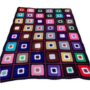 VINTAGE BOHO GRANNY SQUARE CROCHET BLANKET AFGHAN X-Large 90"X69" BLACK COLORFUL